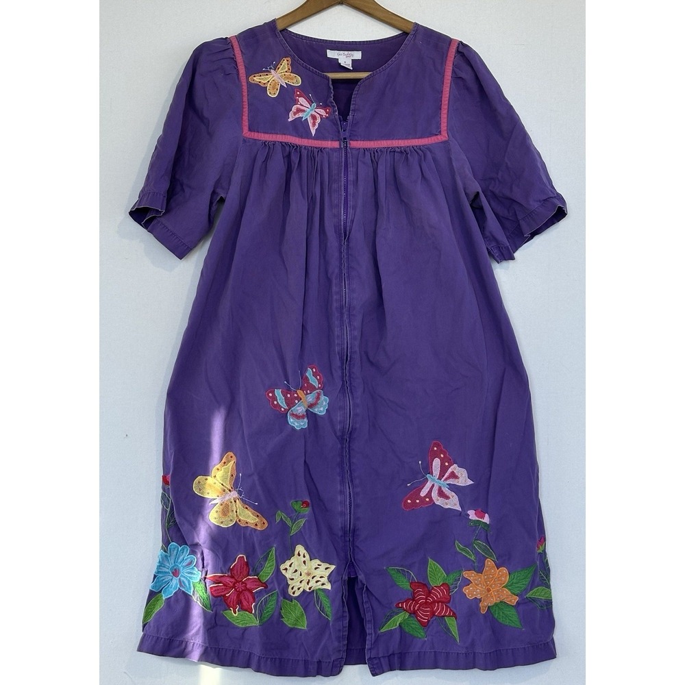 Go Softly Embroidered Housecoat Duster Purple Retro Floral Women's Small